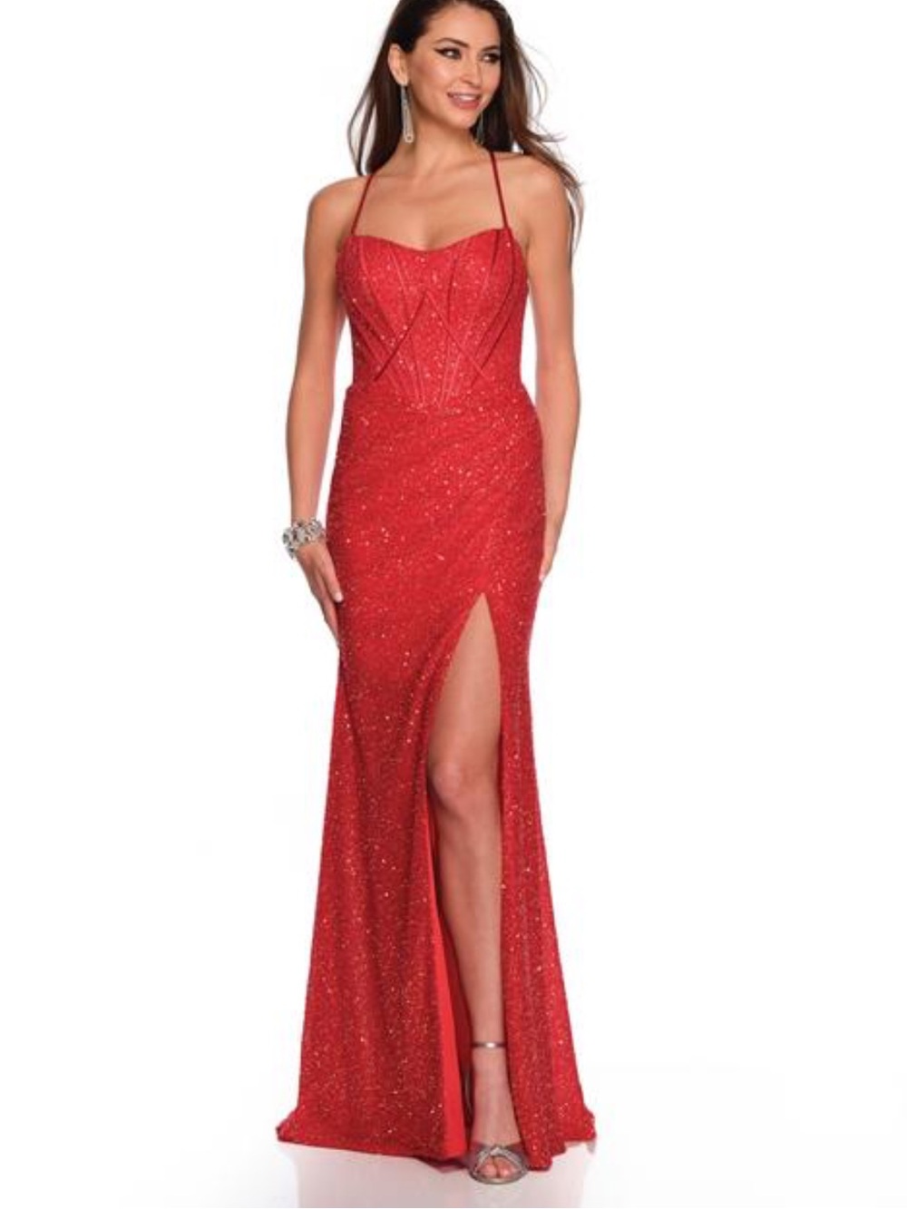 Sherri Hill Red Jeweled Stoned Pageant Prom Dress Maxi Stretch size 00 Sparkle